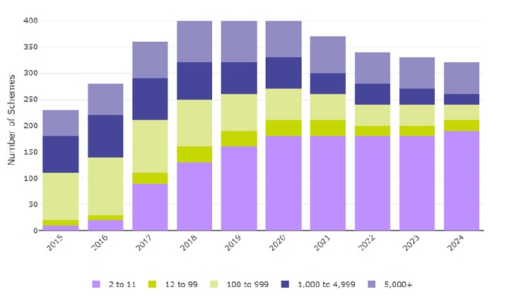 Figure 6: Occupational DC schemes which have been used for AE by membership size group (excluding hybrid schemes, including micro schemes) (2015 to 2024)