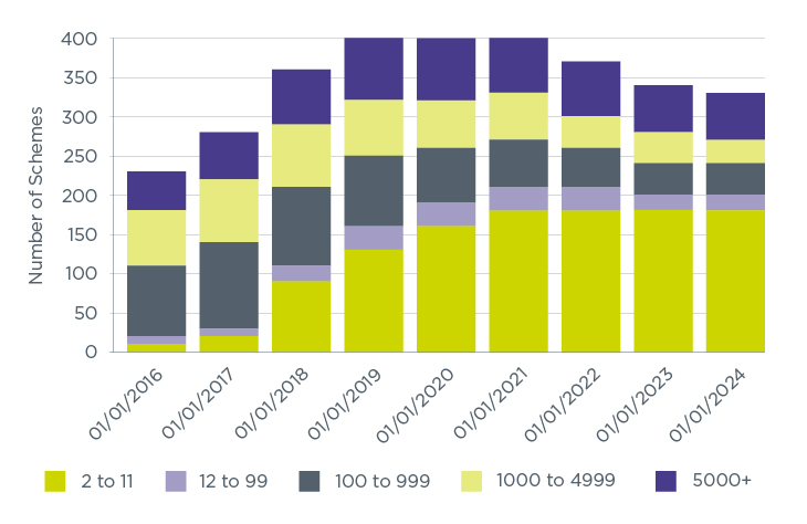 Figure 6: Occupational DC schemes which have been used for automatic enrolment by membership size group (excluding hybrid schemes, including micro schemes) (2016-2024)